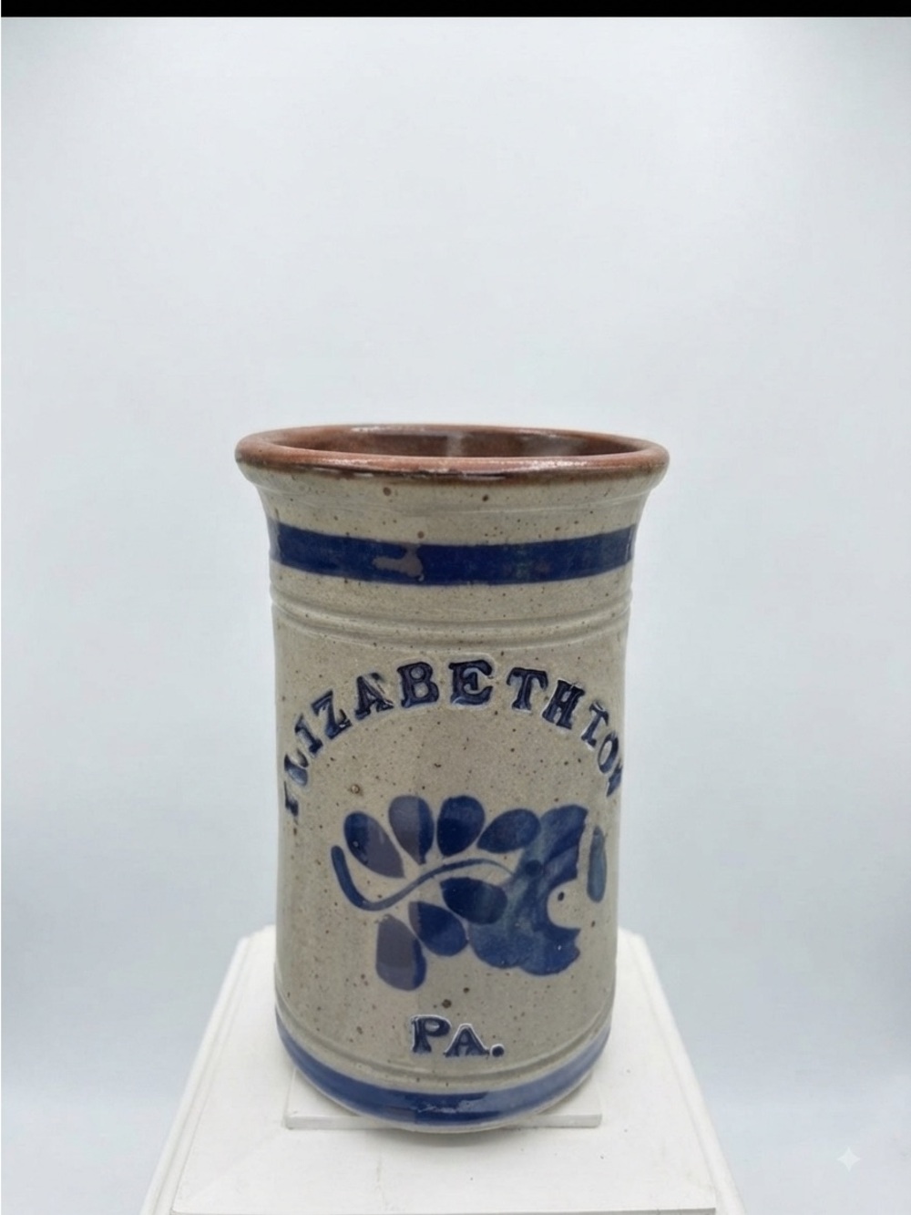 Handmade Stoneware Crock Vase Elizabethtown PA Blue Floral Signed
